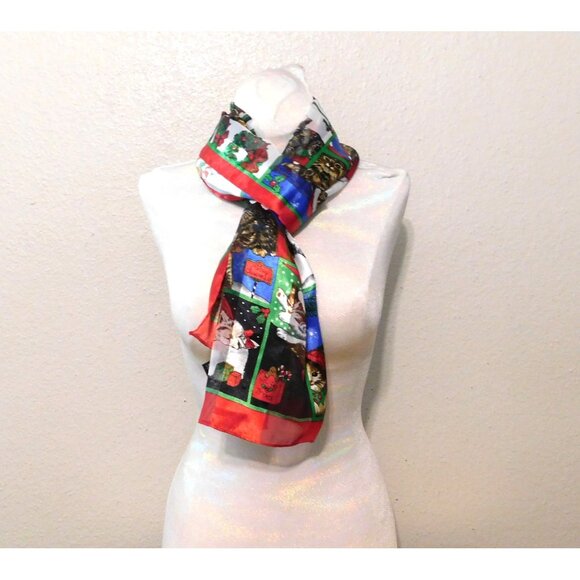 Christmas Cat Scarf 14" X 59" Festive Red Multicolor Polyester Rectangular - Picture 4 of 10